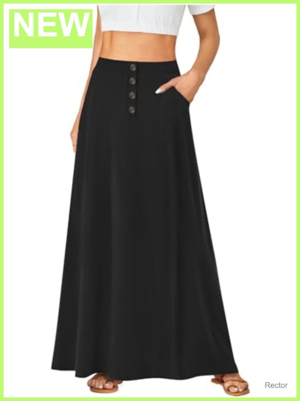 High Waist Button Front A-Line Long Maxi Skirt with Pockets